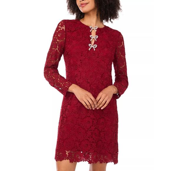 CeCe Women Mulberry Red Floral Lace Bow Embellished Evening Mini Dress Size US 6 - Picture 3 of 4